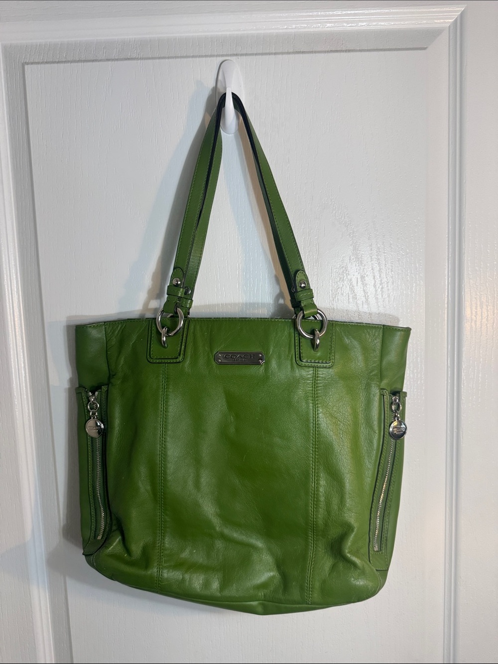 Coach Green Leather Tote with Silver Hardware